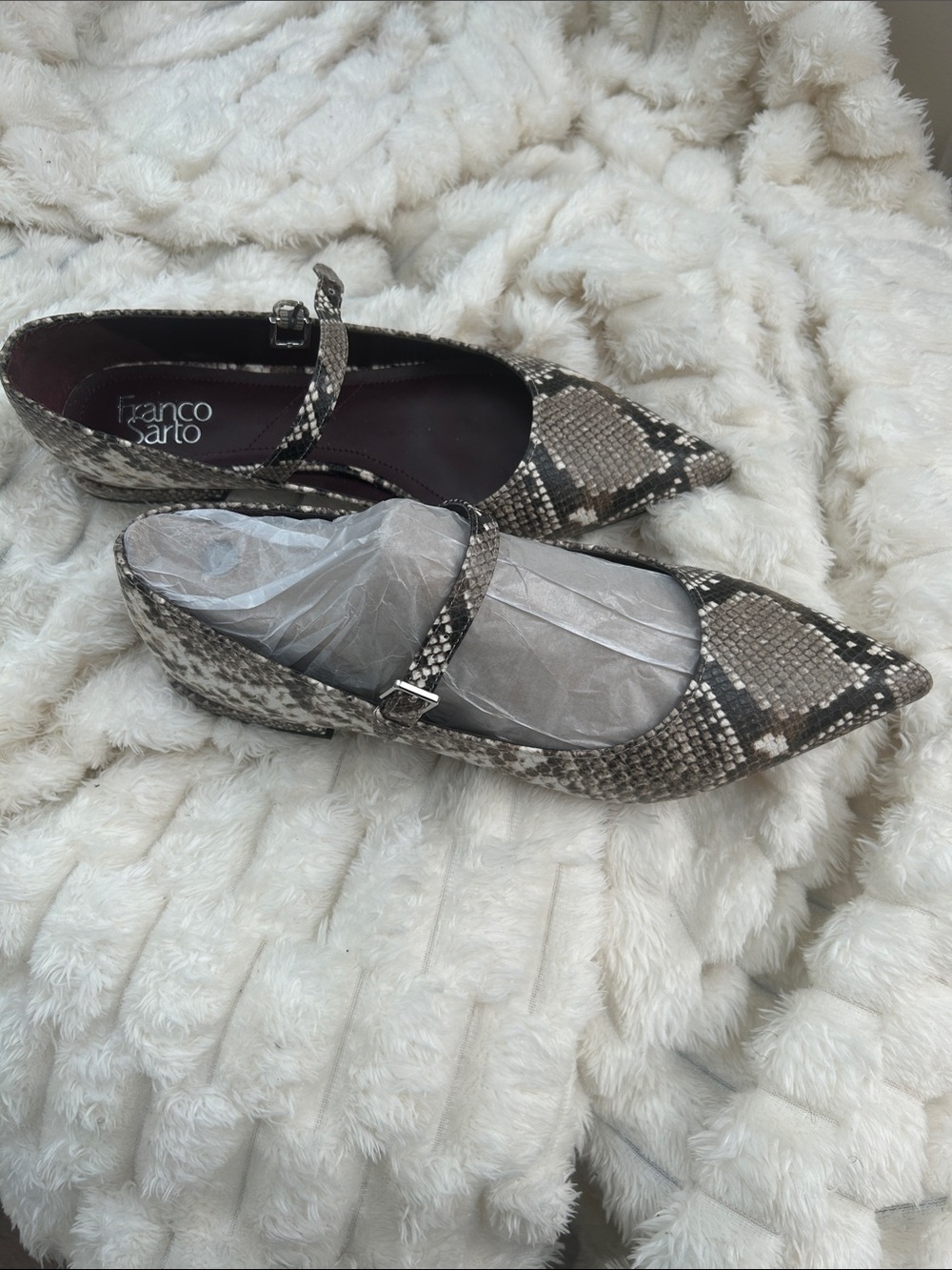 Franco Sarto Pointed Mary Jane Flats in Brown and Black Snake-Print